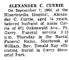 Obituary, Winnipeg Free Press, 8 September 1964
