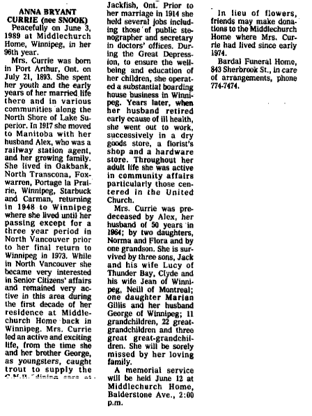 Winnipeg Free Press Obituary, 10 June 1989