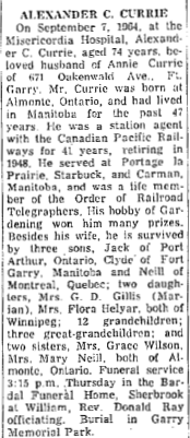 Obituary, Winnipeg Free Press, 8 September 1964